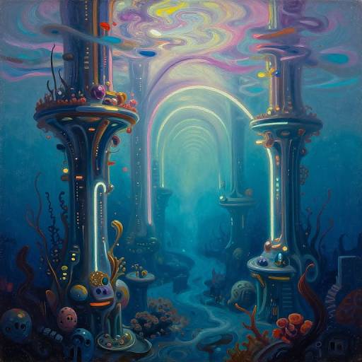 Vibrant, surreal underwater scene with glowing, alien-like towers and bioluminescent corals in deep blue and neon hues, illuminated by swirling
