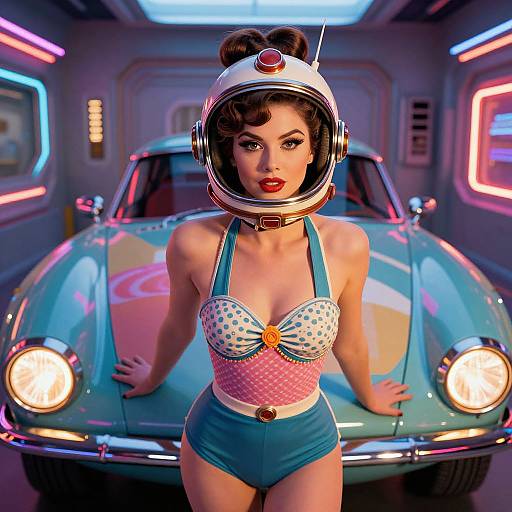 Digital art of a curvy woman in a retro helmet, blue polka-dot bikini, and high-waisted shorts, standing in front of a