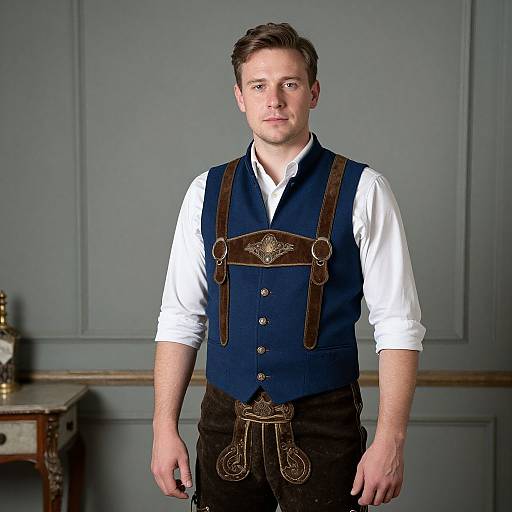 Photograph of a young Caucasian man with short brown hair, wearing a white shirt, navy blue vest with brown leather straps, and black pants, standing
