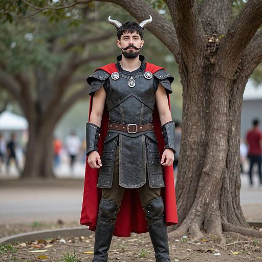 Photograph of a bearded man with dark hair and black horns, wearing medieval black armor with red cape, standing in a tree-lined park. Background