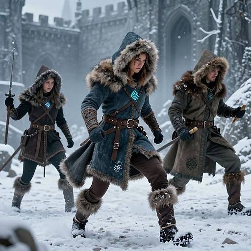 Three fierce warriors in fur-trimmed winter coats with blue runes, standing in snowy medieval castle courtyard, holding swords. Photorealistic CGI.