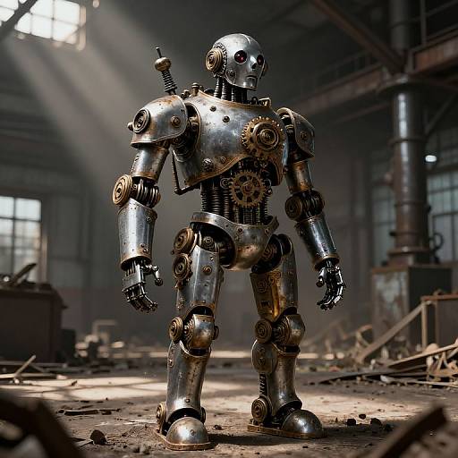 Photograph of a shiny, metallic robot with gears and joints standing in a dimly lit, industrial, abandoned warehouse with sunlight beams.