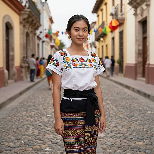Photograph of a young Latina woman with dark hair in a white blouse with colorful floral embroidery and a patterned black skirt, standing on a cobble
