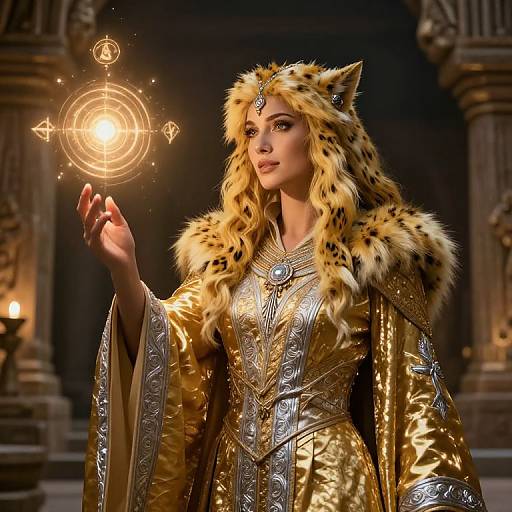 Digital art of a regal woman with leopard-print fur hood, gold ornate robe, casting magic circle with glowing runes, in a dimly lit