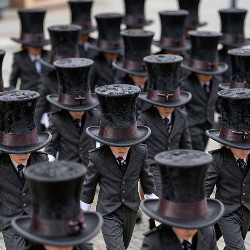 Photograph of a group of men in black top hats and formal black suits, walking in a row, heads down, outdoors.