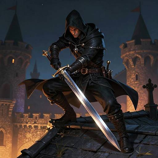 Dark, hooded warrior with glowing sword poised on castle rooftop at night, stone towers illuminated in background. CGI fantasy artwork.
