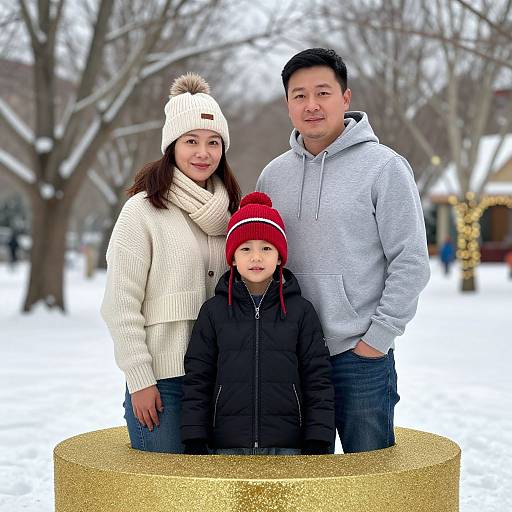 Photograph of an Asian family in winter attire: mother in white knit scarf and hat, father in gray hoodie, child in red hat and black jacket