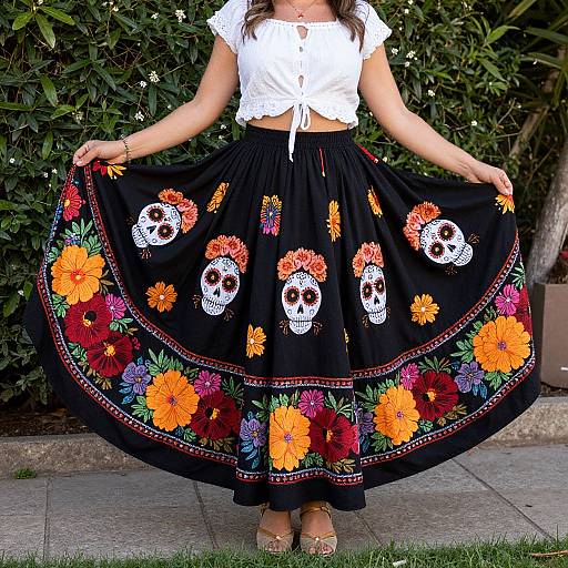 Photograph of a woman in a white crop top and black skirt with colorful floral and skull embroidery, standing outdoors.