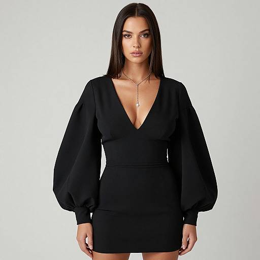 Photograph of a woman with straight black hair, wearing a deep V-neck, long-sleeve black dress, and gold necklace, standing against a