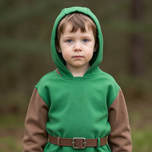 Photograph of a young boy with blue eyes, wearing a green hooded tunic with brown sleeves and brown belt, standing in a forest background.