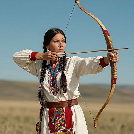 Native American woman with long black hair, wearing traditional white dress with red and blue embroidery, drawing a wooden bow in a sunny, grassy field.