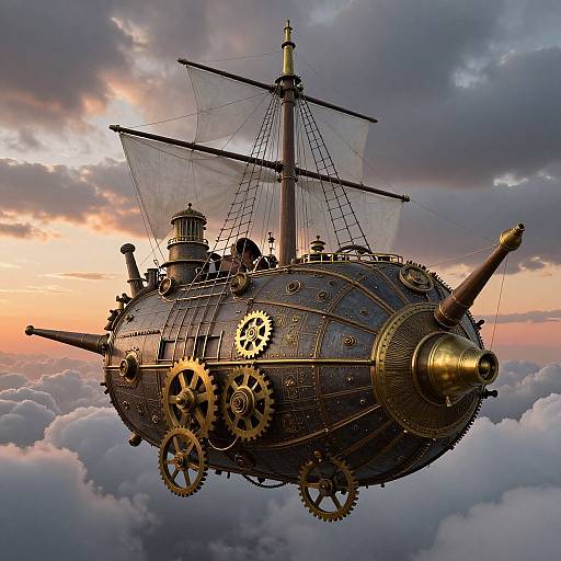Steampunk airship with brass gears, wooden hull, and billowing sails soaring above fluffy clouds at sunset, blending mechanical and nautical elements.
