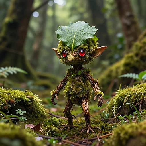 Photorealistic CGI of a small, green goblin with red eyes, moss-covered body, and a leaf on its head, standing in a lush