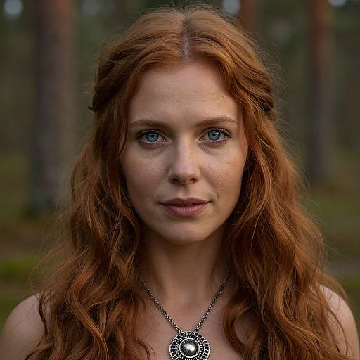 Photograph of a fair-skinned, red-haired woman with blue eyes, wearing a silver pendant, standing in a forest with blurred trees in the background