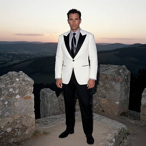 Photograph of a man in a white tuxedo with black lapels and tie, standing on ancient stone ruins at sunset.