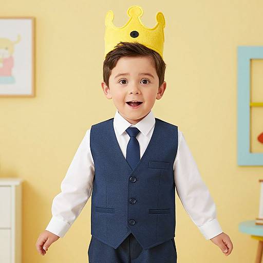 Photograph of a cute young boy with fair skin, short brown hair, wearing a yellow crown, blue vest, white shirt, and blue tie,