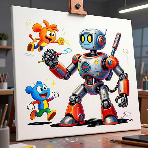 Digital drawing of a colorful, cartoon-style robot with red and blue accents, holding a magic wand, interacting with two animated characters on a white canvas in