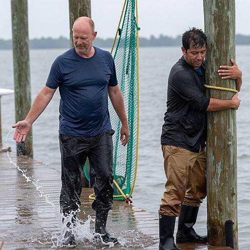 Men Splashing Water at Wooden Dock
