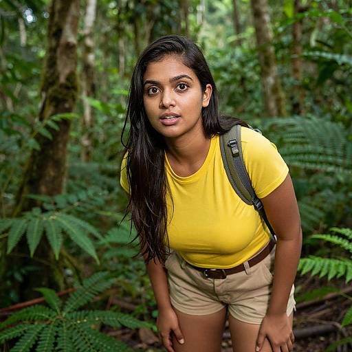 Photograph of a young Indian woman with long black hair, wearing a yellow shirt and beige shorts, in a dense, green jungle, with a backpack