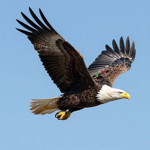Photograph of a bald eagle in mid-flight, wings spread wide, with bright yellow beak and talons, against a clear blue sky.