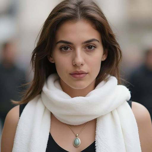 Photograph of a young woman with long brown hair, wearing a white scarf, black top, and a turquoise pendant, with a blurred urban background.