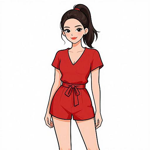 Digital illustration of a smiling woman with fair skin, black hair in a ponytail, wearing a red V-neck romper with a tied waist, standing