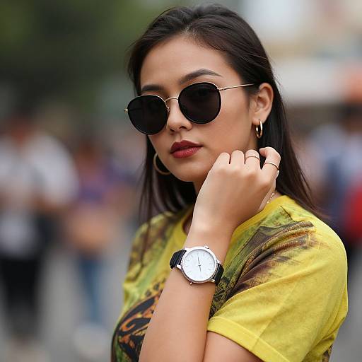Photograph of an Asian woman with dark hair, red lipstick, large hoop earrings, black sunglasses, yellow graphic t-shirt, and silver wristwatch,