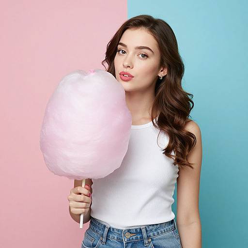 Photograph of a young woman with long brown hair, wearing a white tank top and blue jeans, blowing pink cotton candy against a pastel pink and