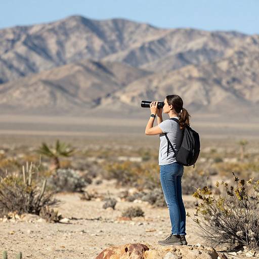 Photograph of a woman with brown hair in a ponytail, wearing a white shirt, blue jeans, and a black backpack, using binoculars
