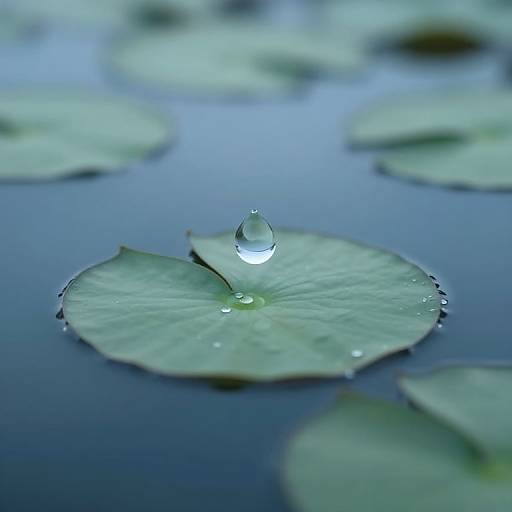 Photograph of a single water droplet on a green lily pad, with blurred lily pads in the background, reflecting a serene blue water surface