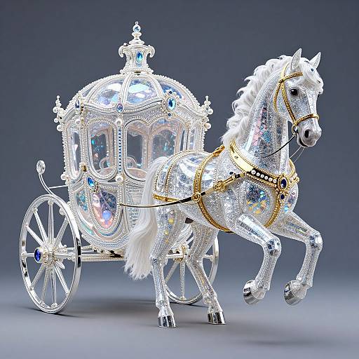 Photorealistic CGI of a sparkling, white, bejeweled royal carriage with a galloping white horse, adorned with gold and blue gems