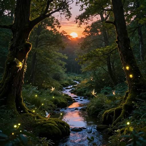 Photograph-like digital artwork of a mystical forest at sunset, featuring glowing fireflies, a flowing stream, and tall, moss-covered trees framing a vibrant