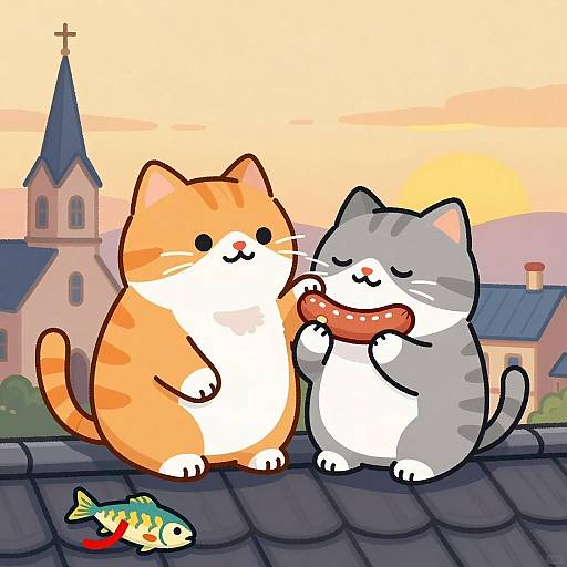 Playful Cats on a Rooftop at Sunset