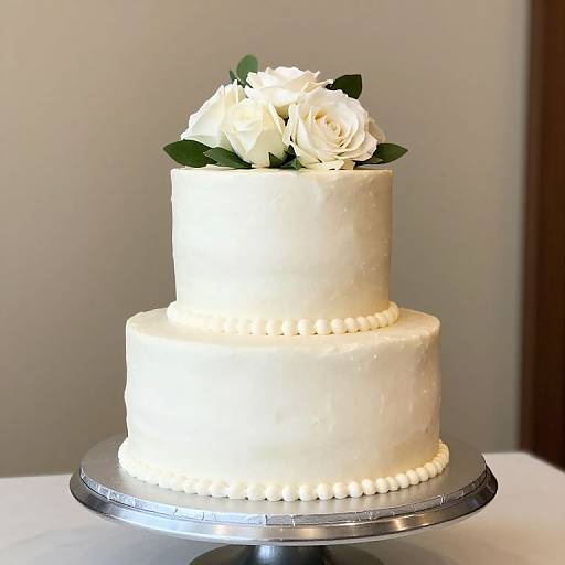 Photograph of a two-tiered white wedding cake with rose decorations, piped pearls along the base, and silver cake board.