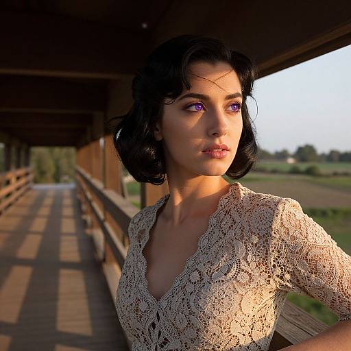Digital artwork of a woman with purple eyes, short black hair, and lace blouse, standing on a wooden bridge at sunset.