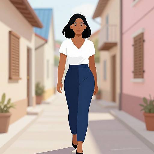 Digital illustration of a confident woman with medium brown skin, black bob haircut, wearing a white top and blue high-waisted pants, walking down a