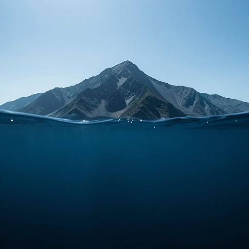 Photograph of a majestic mountain peak partially submerged underwater, with a clear blue sky above and dark blue water below.