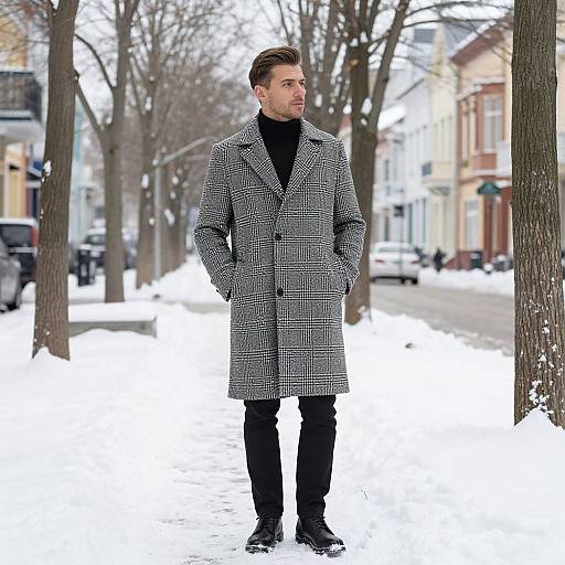 Photograph of a man with short brown hair in a black-and-white checkered coat, black turtleneck, and black pants standing in a snowy
