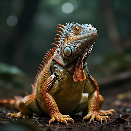 Photograph of a vibrant green and orange iguana with spiky back and prominent dewlap, sitting on dark, textured ground in a blurred,