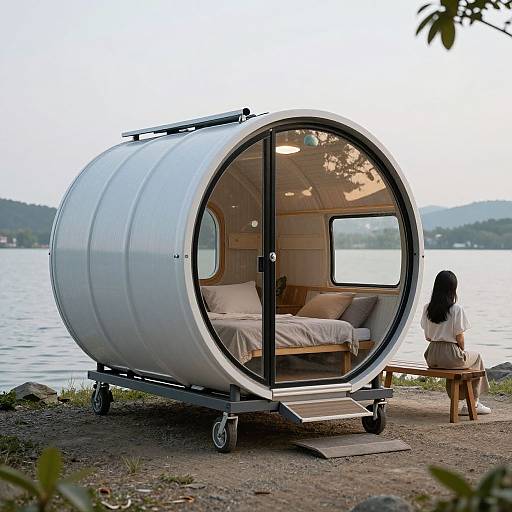 Photograph of a circular white trailer with a bed inside, parked on a lakeshore. A woman with long black hair sits on a bench,