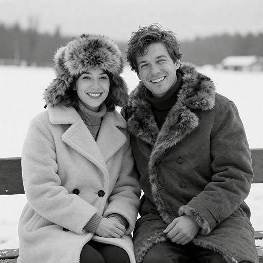 Couple in Fur Coats Sitting on Bench in Snow