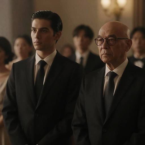 Serious Men in a Dimly Lit Ballroom