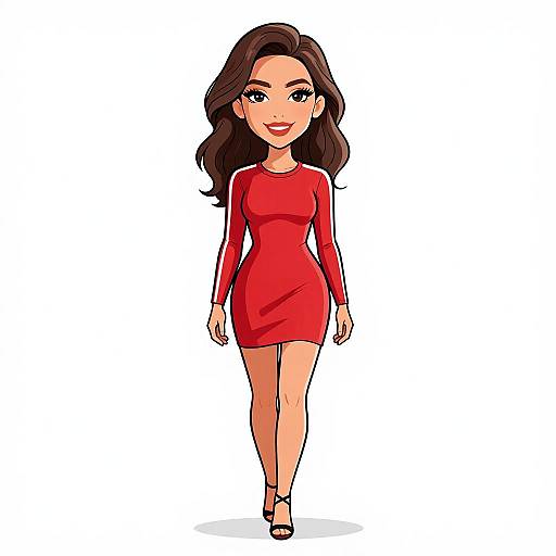 Cartoon-style digital illustration of a smiling woman with long brown hair, wearing a red long-sleeve mini dress and black heels, walking against a