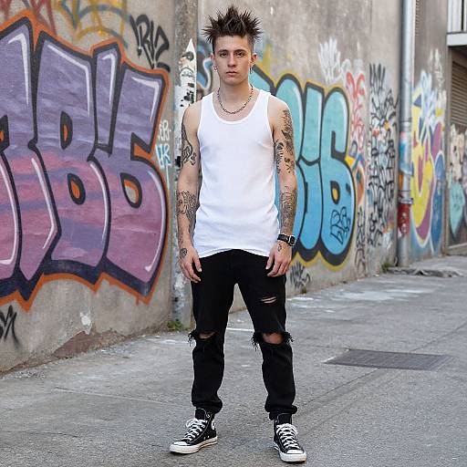 Photograph of a young man with spiked black hair, tattoos, wearing a white tank top, black ripped jeans, and black sneakers, standing in a