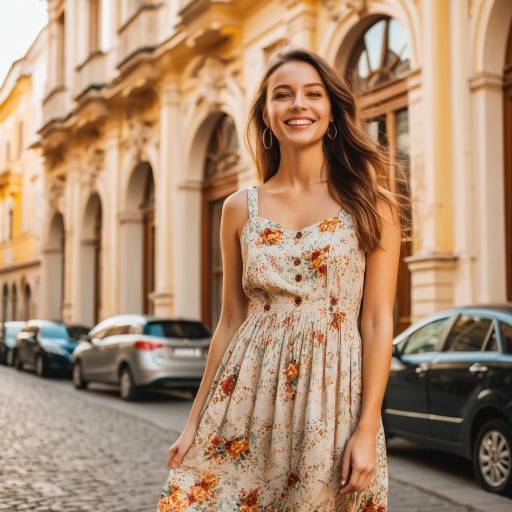 Young Woman in Floral Sundress on European Street