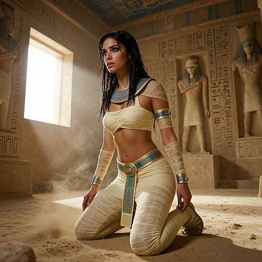 Photograph-style CGI of a dark-haired woman kneeling in an ancient Egyptian tomb, wrapped in beige bandages with blue and gold jewelry, sunlight illuminating