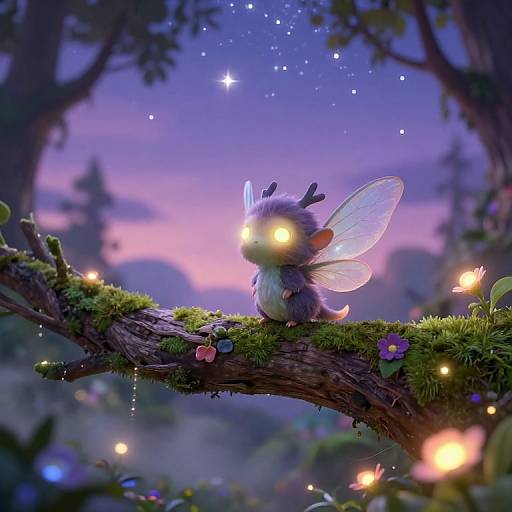 Whimsical digital illustration of a glowing, purple fairy-like creature with translucent wings, bright yellow eyes, and small antlers, perched on a