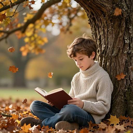 Photograph of a young boy with brown hair, wearing a white turtleneck sweater and blue jeans, sitting against a tree reading a book amidst falling