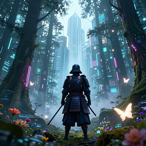 Digital art: Samurai warrior with katana stands in futuristic forest, surrounded by glowing neon lights, colorful flowers, and floating butterflies, illuminated by a towering