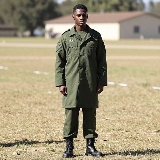 Photograph of an African-American man in a green military-style uniform standing on a grassy field with a blurred background of buildings and trees.